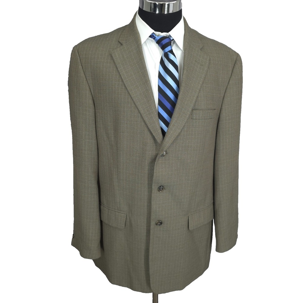 Haggar Blazer Jacket Mens 44L‎ Green Windowpane Sports Coat 3 Buttons Wool Blend